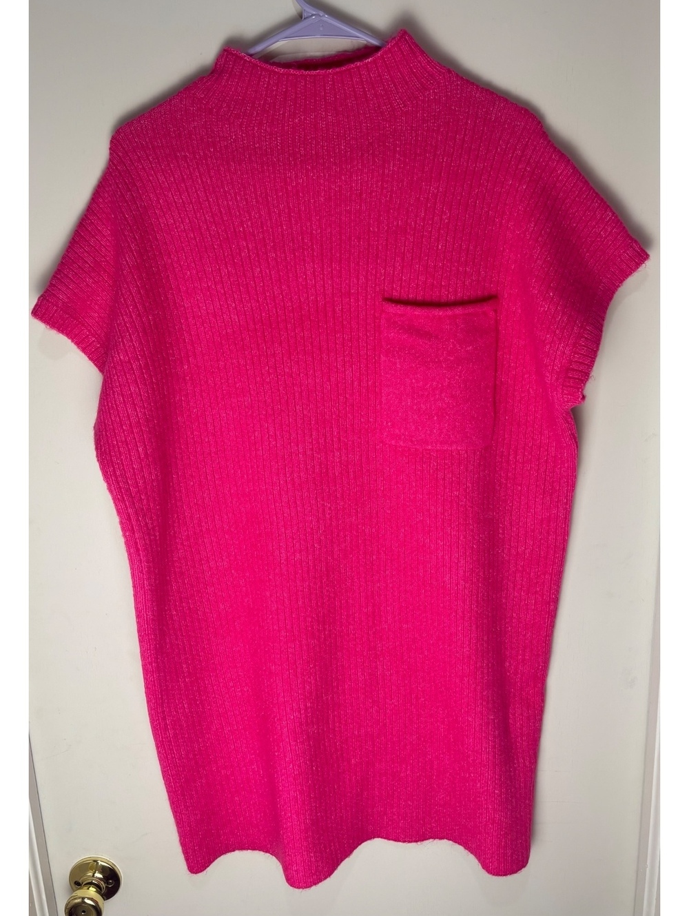 Zenana Hot Pink Ribbed Mock Neck Sweater Dress Tunic Pocket Large